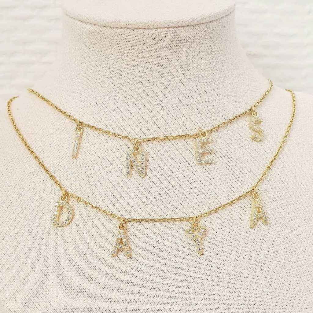 1 Collier diamant lettre strass 2 prénoms superposés