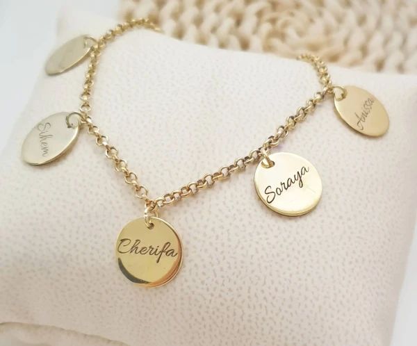 Bracelet 5 prénoms personnalisé en argent 925 et plaqué or 22 carats, bijou familial élégant pour femme