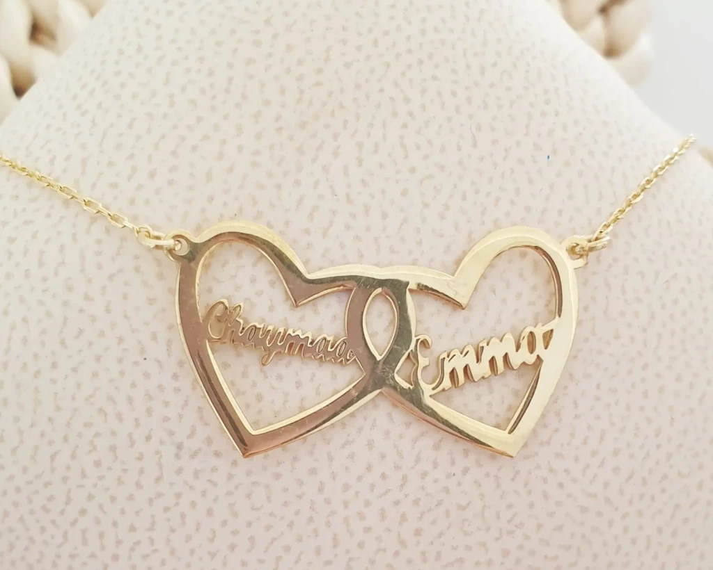 Collier 2 prénoms personnalisé cœur en argent 925 et plaqué or 22 carats, bijou amour et famille