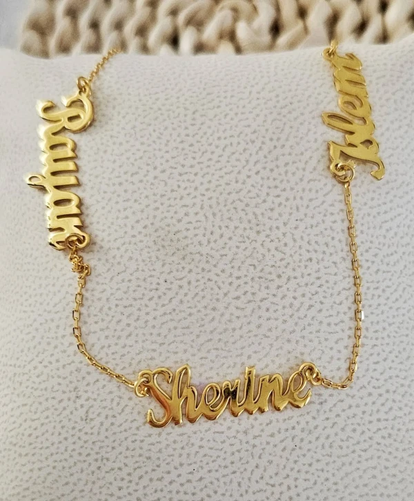 Collier 3 prénoms personnalisés en argent 925 et plaqué or 22 carats, bijou famille