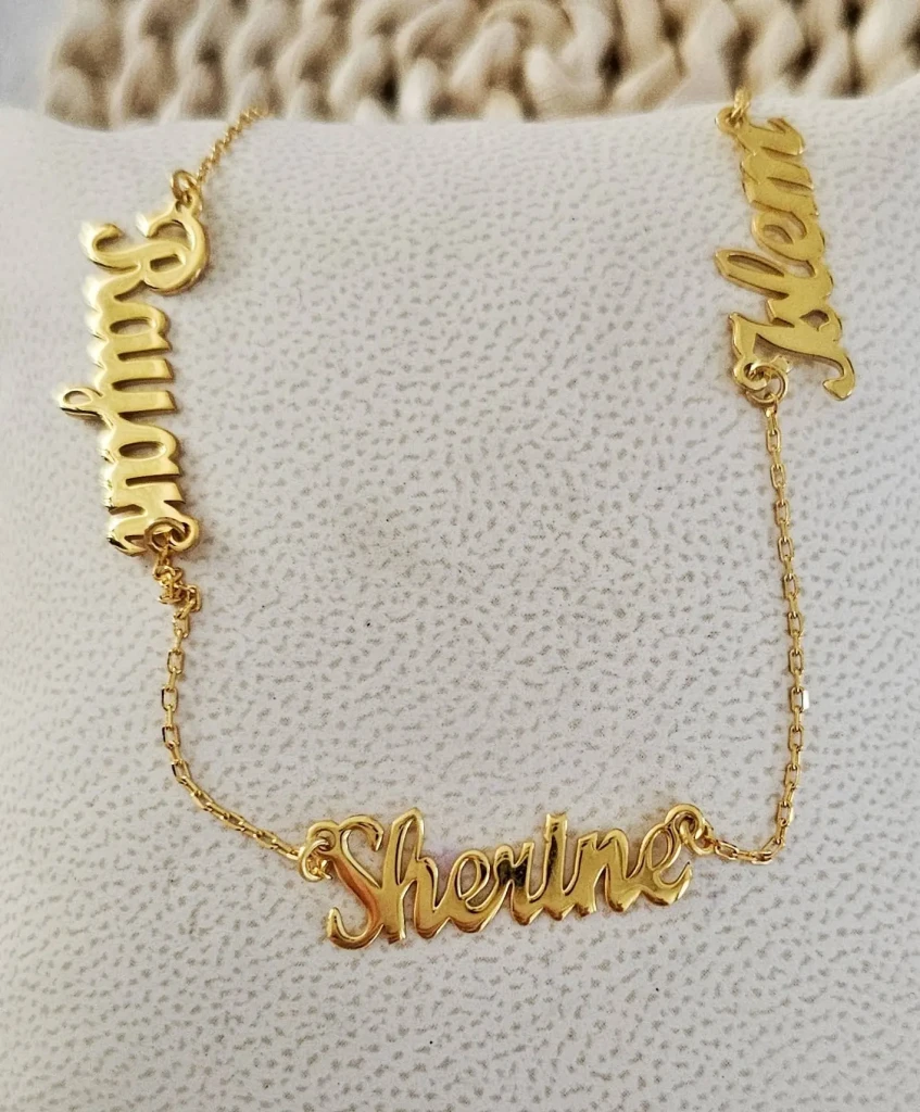 Collier 3 prénoms personnalisés en argent 925 et plaqué or 22 carats, bijou famille