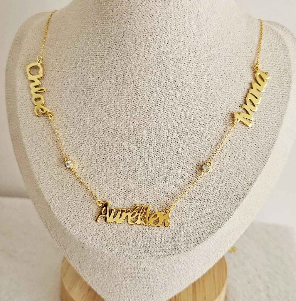 Collier 3 prénoms personnalisés en argent 925 et plaqué or 22 carats, bijou famille