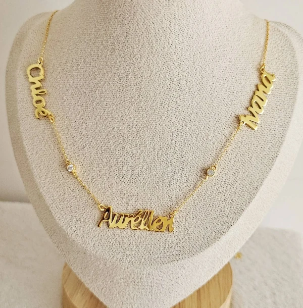 Collier 3 prénoms personnalisés en argent 925 et plaqué or 22 carats, bijou famille