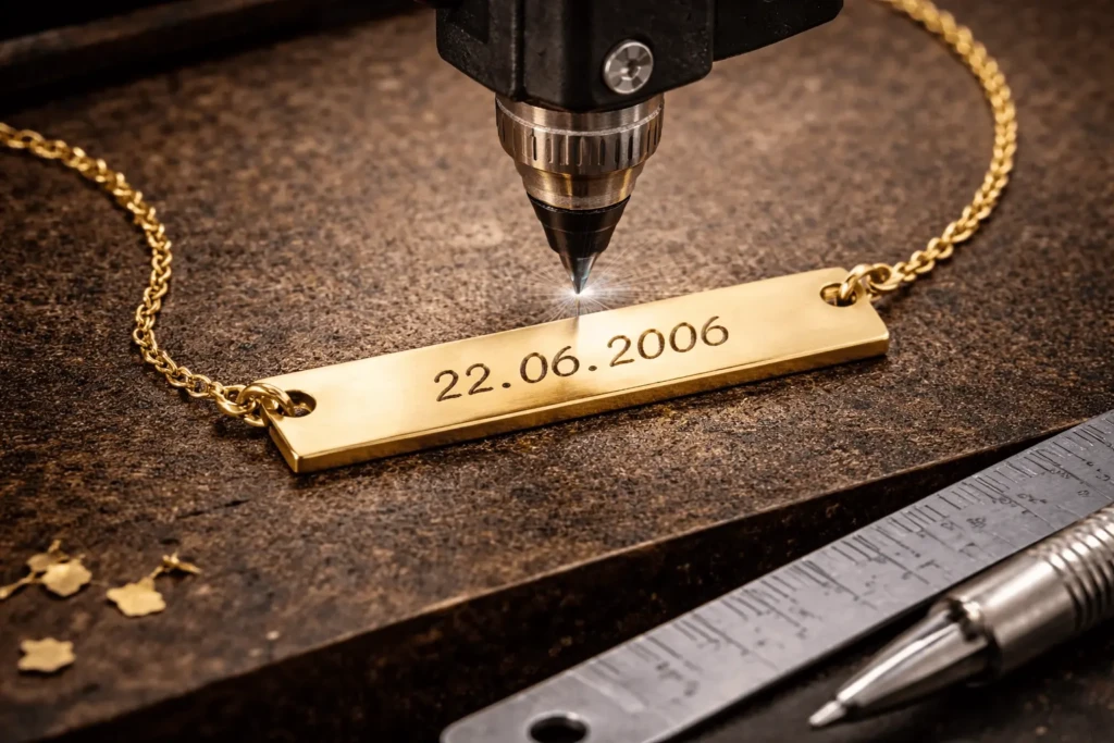 Collier prénom gravé personnalisé sur pendentif minimaliste doré avec chaîne fine