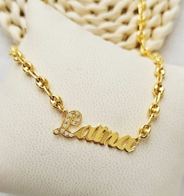 Collier grain de cafe prénom personnalisé en argent, plaqué or.